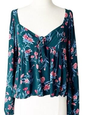 American Eagle Outfitters Teal Long-Sleeve Floral Tie-Front Top